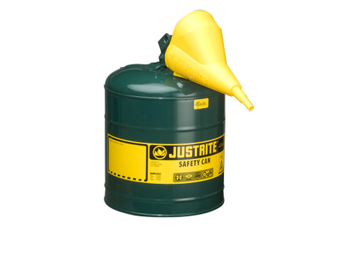 Justrite Type I Steel Safety Can For Flammables - Funnel 11202Y - 5 Gallon - S/S Flame Arrester - S/C Lid - Green - 7150410