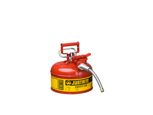 Justrite Type II Accuflow Steel Safety Can For Flammables - 1 Gal. - S/S Flame Arrester - 5/8" Metal Hose - Red - 7210120