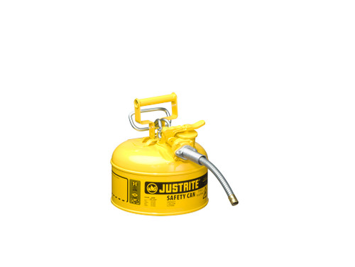 Justrite Type II Accuflow Steel Safety Can For Flammables - 1 Gal. - S/S Flame Arrester - 5/8" Metal Hose - Yellow - 7210220