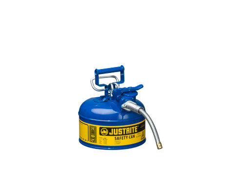 Justrite Type II Accuflow Steel Safety Can For Flammables - 1 Gal. - S/S Flame Arrester - 5/8" Metal Hose - Blue - 7210320