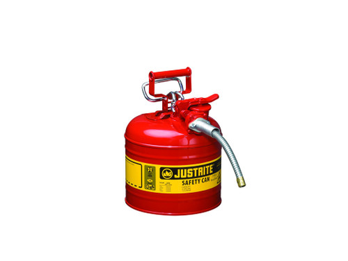 Justrite Type II Accuflow Steel Safety Can For Flammables - 2 Gal. - S/S Flame Arrester - 5/8" Metal Hose - Red - 7220120