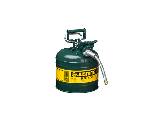 Justrite Type II Accuflow Steel Safety Can For Flammables - 2 Gal. - S/S Flame Arrester - 5/8" Metal Hose - Green - 7220420