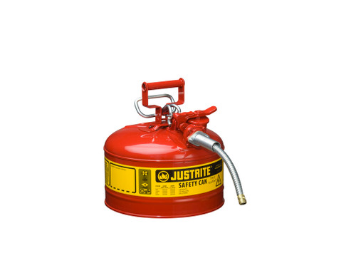 Justrite Type II Accuflow Steel Safety Can For Flammables - 2.5 Gal. - Flame Arrester - 5/8" Metal Hose - Red - 7225120