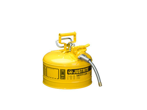 Justrite Type II Accuflow Steel Safety Can For Flammables - 2.5 Gal. - Flame Arrester - 5/8" Metal Hose - Yellow - 7225220