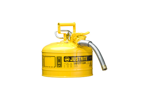 Justrite Type II Accuflow Steel Safety Can For Flammables - 2.5 Gal. - S/S Flame Arrester - 1" Metal Hose - Yellow - 7225230