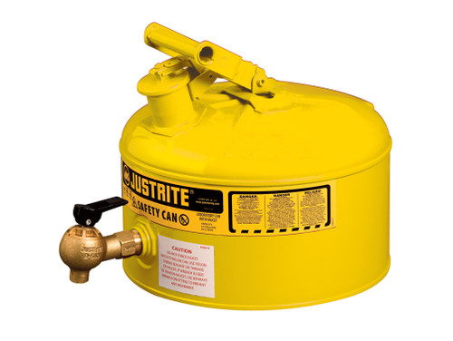 Justrite Type I Shelf Safety Can - 2.5 Gallon - Bottom 08540 Faucet - S/S Flame Arrester - Steel - Yellow - 7225240