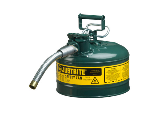 Justrite Type II Accuflow Steel Safety Can For Flammables - 2.5 Gal. - S/S Flame Arrester - 1" Metal Hose - Green - 7225430