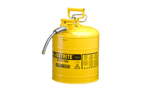 Justrite Type II Accuflow Steel Safety Can For Flammables - 5 Gal. - S/S Flame Arrester - 5/8" Metal Hose - Yellow - 7250220