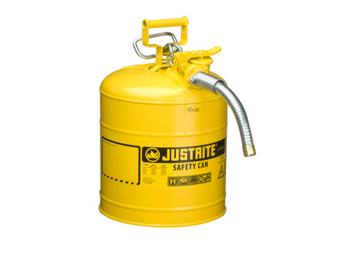 Justrite Type II Accuflow Steel Safety Can For Flammables - 5 Gal. - S/S Flame Arrester - 1" Metal Hose - Yellow - 7250230