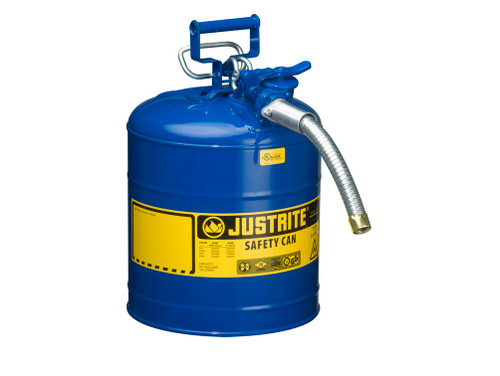 Justrite Type II Accuflow Steel Safety Can For Flammables - 5 Gal. - S/S Flame Arrester - 1" Metal Hose - Blue - 7250330