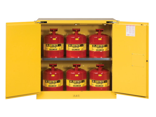 Justrite Sure-Grip Ex Safety Cabinet/Can Package - Cap. 30-Gal. Cabinet W/Cans - 2 Shlvs - 2 S/C Doors - Yellow - 8930208