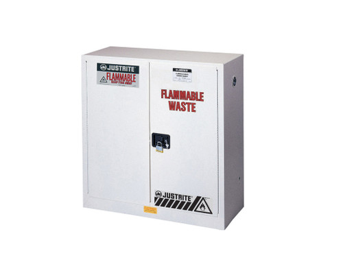 Justrite Flammable Waste Safety Cabinet - Steel - Cap 30 Gallons - 1 Shelf - 2 Self-Close Doors - White - 8930253