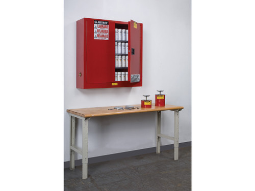 Justrite Sure-Grip Ex Wall Mount Aerosol Can Safety Cabinet - Cap 20 Gallons - 3 Shelves - 2 M/C Doors - Red - 8934016