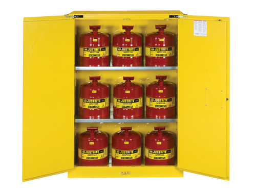 Justrite Sure-Grip Ex Safety Cabinet/Can Package - Cap. 45-Gal. Cabinet W/Cans - 2 Shlvs - 2 S/C Doors - Yellow - 8945208