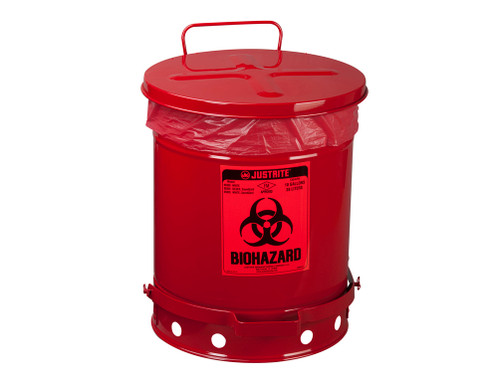 Justrite Biohazard Waste Can - 10 Gallon - Foot-Operated Self-Closing Cover - Red - 05930R