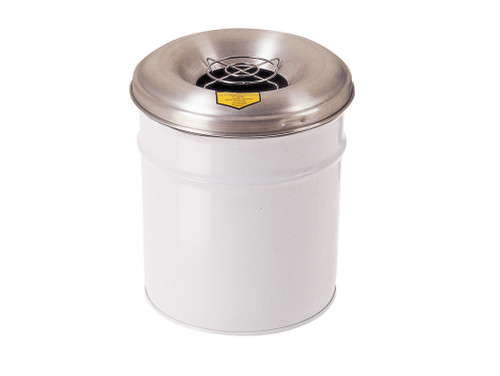 Justrite Cease-Fire Ash And Cigarette Butt Receptacle Drum With Aluminum Head W/Grill Guard - 6 Gal. - White - 26626W