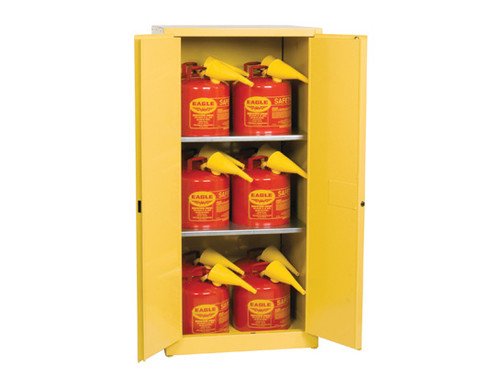 Eagle Flammables Safety Cabinet Combo - 60 Gallon Yellow - 2 Door - Manual Close with 12 UI50FS Safety Cans  - 1962XSC12