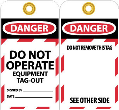 Tags - Lockout - Danger: Do Not Operate Equipment(Bilingual) - 6X3 - Unrip Vinyl - 10/Pk Grommet - SPLOTAG14