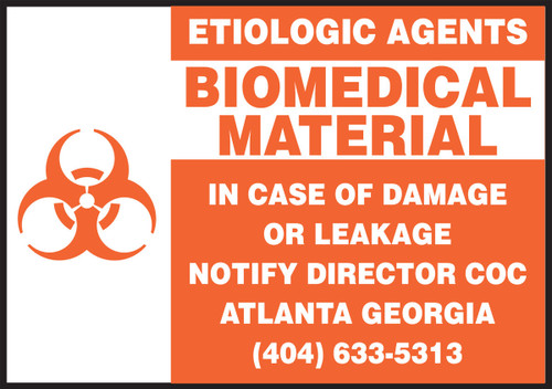 Safety Labels: Etiologic Agents - Biomedical Material - In Case Of Damage... 3 1/2" x 5" Adhesive Dura Vinyl 1/Each - LBHZ507XVE