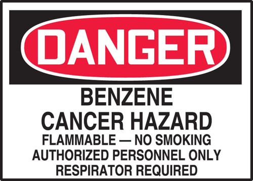 OSHA Danger Safety Label: Benzene - Cancer Hazard - Flammable - No Smoking - Authorized Personnel Only - Respirator Required 5" x 7" Adhesive Vinyl 5/Pack - LCAW029VSP