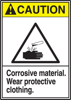 ANSI Caution Safety Label: Corrosive Material - Wear Protective Clothing. 5" x 3 1/2" Adhesive Vinyl 5/Pack - LCHL608VSP