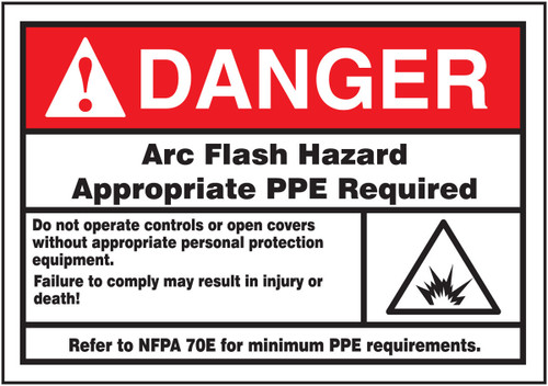 ANSI Danger Safety Label: Arc Flash Hazard - Appropriate PPE Required (Symbol) 3 1/2" x 5" Adhesive Dura-Vinyl 1/Each - LELC140