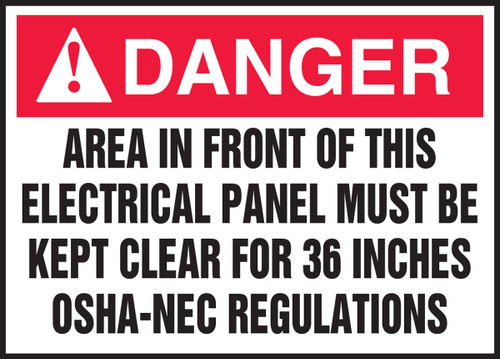 ANSI Danger Safety Label: Area In Front Of This Electrical Panel Must Be Kept Clear For 36 Inches - OSHA-NEC Regulations 3 1/2" x 5" Adhesive Vinyl 5/Pack - LELC544VSP