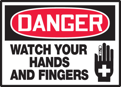 OSHA Danger Safety Label: Watch Your Hands And Fingers 3 1/2" x 5" Adhesive Dura Vinyl 1/Each - LEQM140XVE