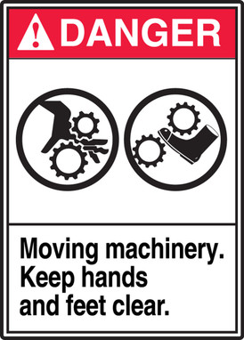 ANSI Danger Safety Label: Moving Machinery Keep Hands And Feet Clear 5" x 3 1/2" Adhesive Vinyl 5/Pack - LEQM164VSP