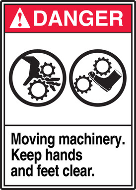 ANSI Danger Safety Label: Moving Machinery Keep Hands And Feet Clear 5" x 3 1/2" Adhesive Dura-Vinyl 1/Each - LEQM164XVE