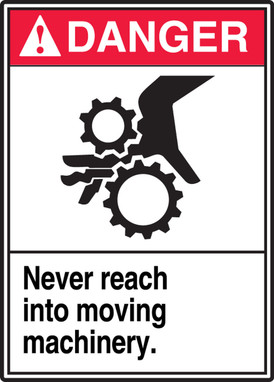 ANSI Danger Safety Label: Never Reach Into Moving Machinery 5" x 3 1/2" Adhesive Vinyl 5/Pack - LEQM166VSP