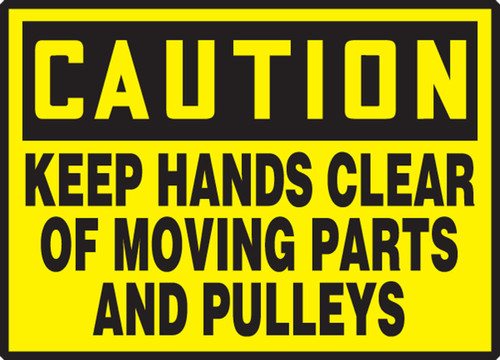 OSHA Caution Safety Label: Keep Hands Clear of Moving Parts and Pulleys 3 1/2" x 5" Adhesive Vinyl 5/Pack - LEQM623VSP