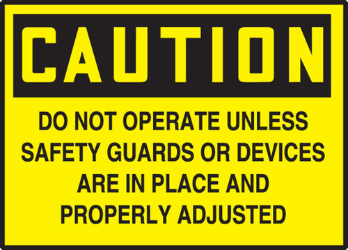 OSHA Caution Equipment Safety Label: Do Not Operate Unless Safety Guards Or Devices Are In Place... 3 1/2" x 5" Adhesive Vinyl 5/Pack - LEQM638VSP
