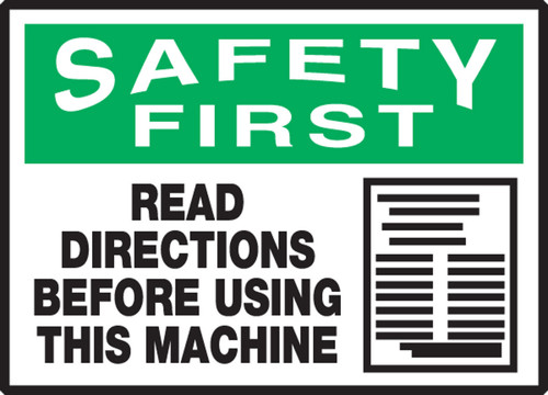 OSHA Safety First Label: Read Directions Before Using This Machine 3 1/2" x 5" Adhesive Vinyl 5/Pack - LEQM904VSP