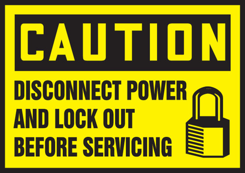 OSHA Caution Lockout/Tagout Label: Disconnect Power And Lock Out Before Servicing 3 1/2" x 5" Adhesive Vinyl 5/Pack - LLKT604VSP