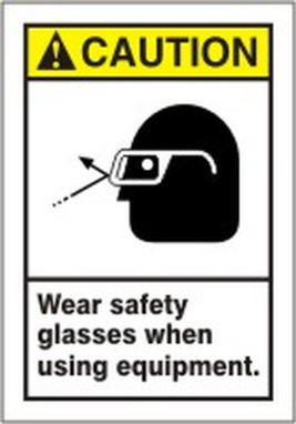 ANSI Caution Safety Label: Wear Safety Glasses When Using Equipment 5" x 3 1/2" Adhesive Vinyl 5/Pack - LPPE613VSP