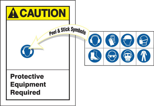 ANSI Caution Safety Label: Protective Equipment Required (With Peel & Stick Symbols) English 20" x 14" Adhesive Vinyl 1/Each - LPPE645