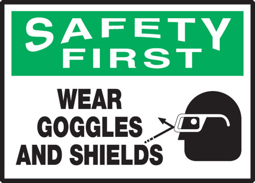 OSHA Safety First Safety Label: Wear Goggles And Shields 3 1/2" x 5" Adhesive Vinyl 5/Pack - LPPE900VSP