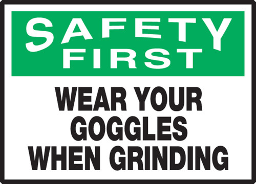 OSHA Safety First Safety Label: Wear Your Goggles When Grinding 3 1/2" x 5" Adhesive Vinyl 5/Pack - LPPE920VSP