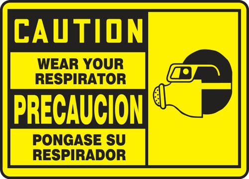 Bilingual OSHA Caution Safety Label: Wear Your Respirator 3 1/2" x 5" Adhesive Dura Vinyl 1/Each - LSPS604XVE