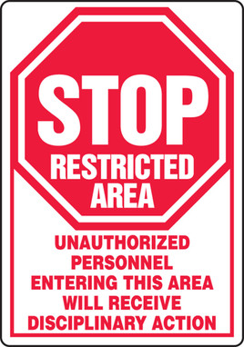 Stop Restricted Area Safety Sign: Unauthorized Personnel Entering This Area Will Receive Disciplinary Action 14" x 10" Aluminum 1/Each - MADM430VA