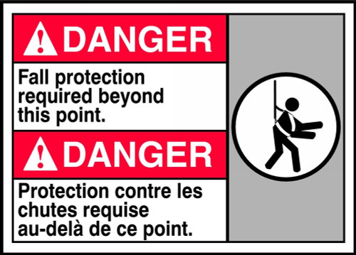 Bilingual ANSI Danger Safety Sign: Fall Protection Required Beyond This Point 10" x 14" Dura-Plastic 1/Each - MAFC131XT