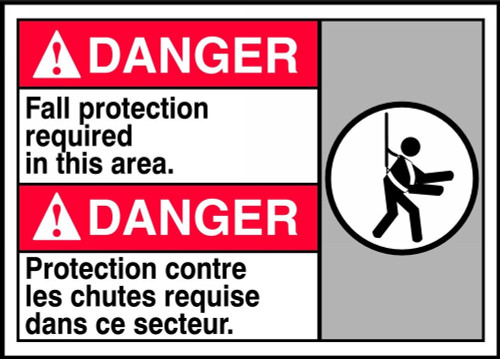 Bilingual ANSI Danger Safety Sign: Fall Protection Required in This Area 10" x 14" Accu-Shield 1/Each - MAFC138XP
