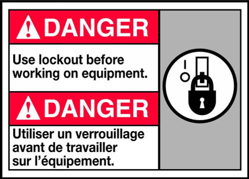 Bilingual ANSI Danger Safety Sign: Use Lockout Before Working On Equipment 10" x 14" Plastic 1/Each - MAFC183VP