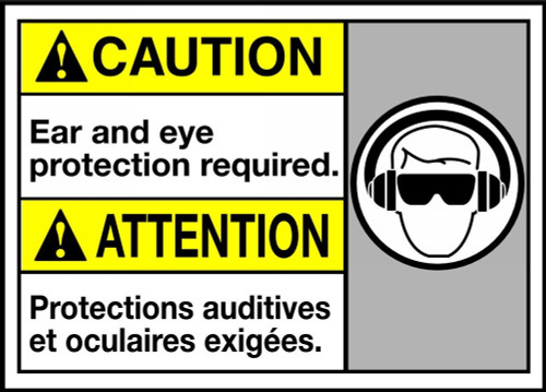 Bilingual ANSI Caution Safety Sign: Ear and Eye Protection Required 10" x 14" Adhesive Dura-Vinyl 1/Each - MAFC612XV