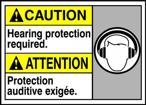 Bilingual ANSI Caution Safety Sign: Hearing Protection Required 10" x 14" Adhesive Dura-Vinyl 1/Each - MAFC619XV