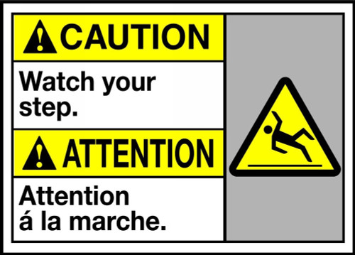 Bilingual ANSI Caution Safety Sign: Watch Your Step 10" x 14" Adhesive Dura-Vinyl 1/Each - MAFC661XV