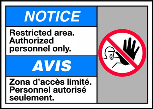 Bilingual ANSI Notice Safety Sign: Restricted Area - Authorized Personnel Only 10" x 14" Plastic 1/Each - MAFC811VP