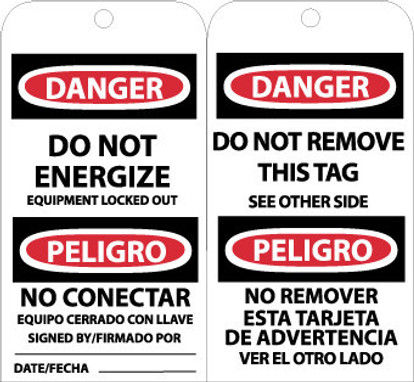 Tags - Danger: Do Not Energize (Bilingual) - 6X3 - Unrip Vinyl - Pack of 25 W/ Grommet - RPT110G