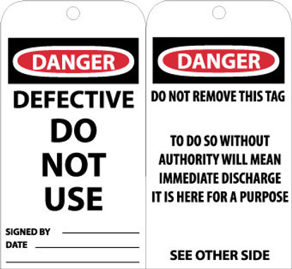 Tags - Defective Do Not Use - 6X3 - .015 Mil Unrip Vinyl - 25 Pk W/ Grommet - RPT130G